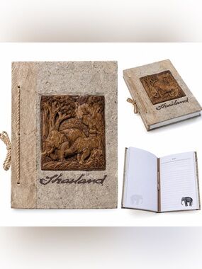 New Carved Wood Elephant Notebook- banana leaf handmade - boho safari